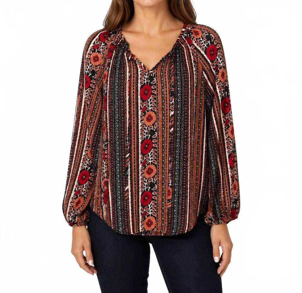 NEW PAPILLON women's multi floral stripe v-notch shirt in brown